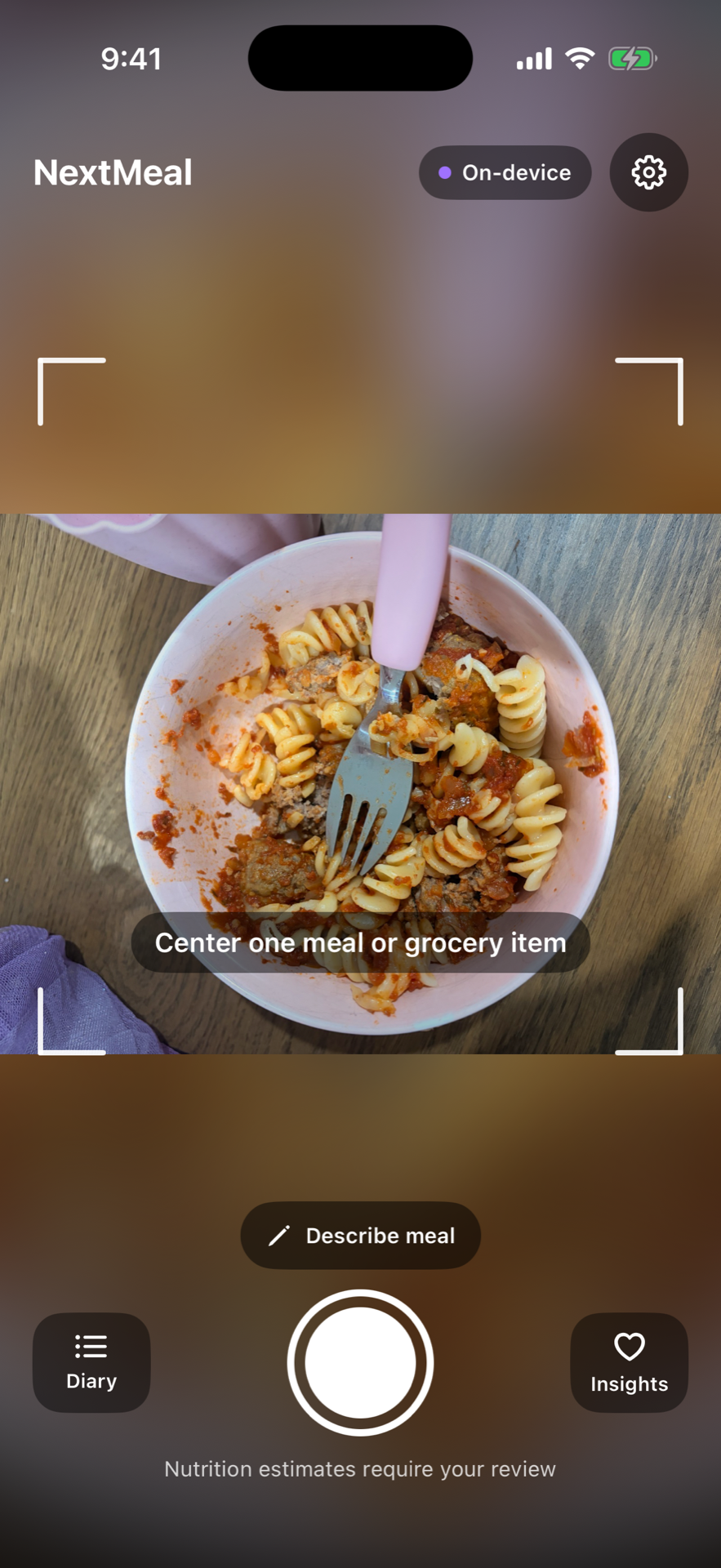 NextMeal camera scan centered on a pasta and meatballs meal