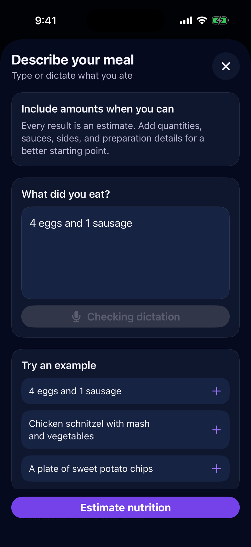 Typed and dictated meal description screen