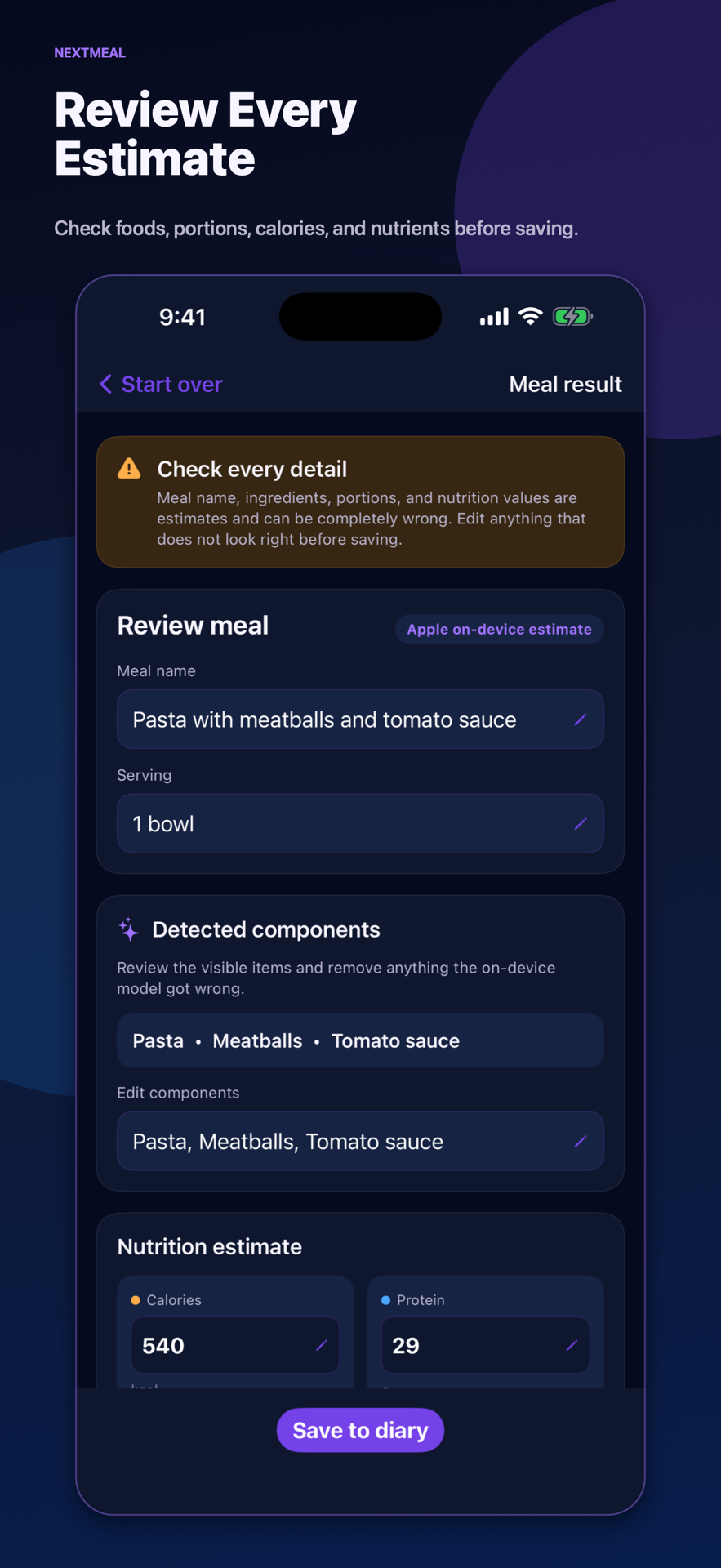 NextMeal editable nutrition estimate screen